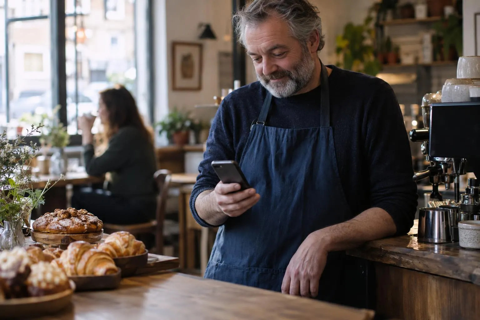 A café owner reading his phone at the counter