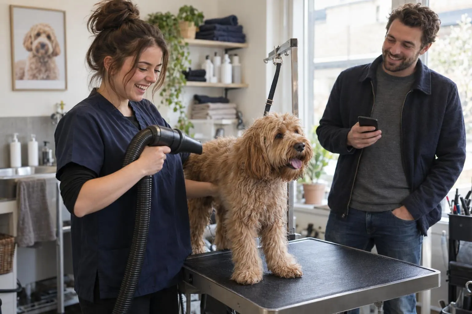 A dog groomer finishing a cockapoo while its owner smiles
